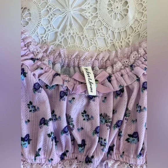 For Love and Lemons Lola Pointelle Dress purple ditsy floral baby doll dress - Picture 5 of 9